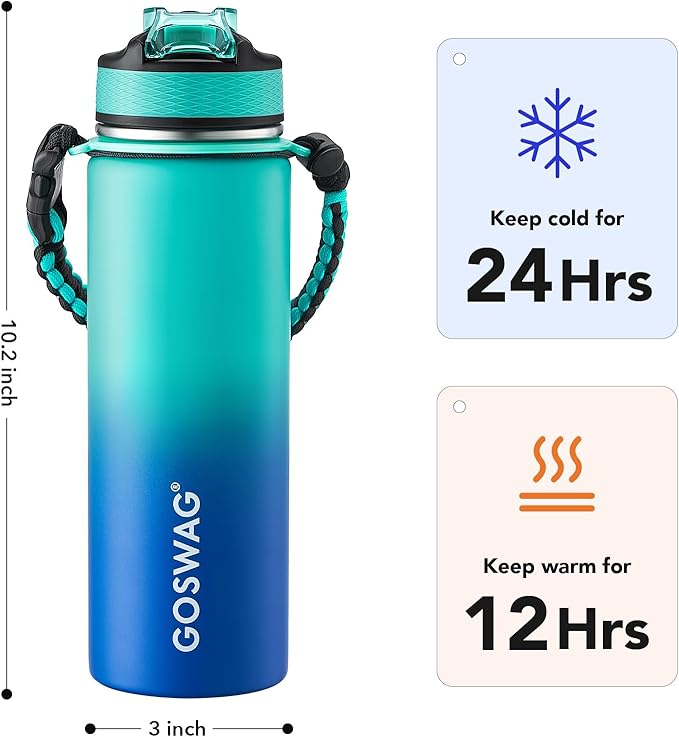 GOSWAG Insulated Sports Water Bottle, 24oz 2 Lids(with Straw/No Straw), Stainless Steel Water Bottles with Paracord Handle, Insulated Bottle with Double-Wall Vacuum Insulation