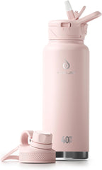 IDEUS Insulated Stainless Steel Water Bottle with 2 Leak-Proof Lids, Thermal Water Flask for Hiking Biking, 40oz, Light Pink