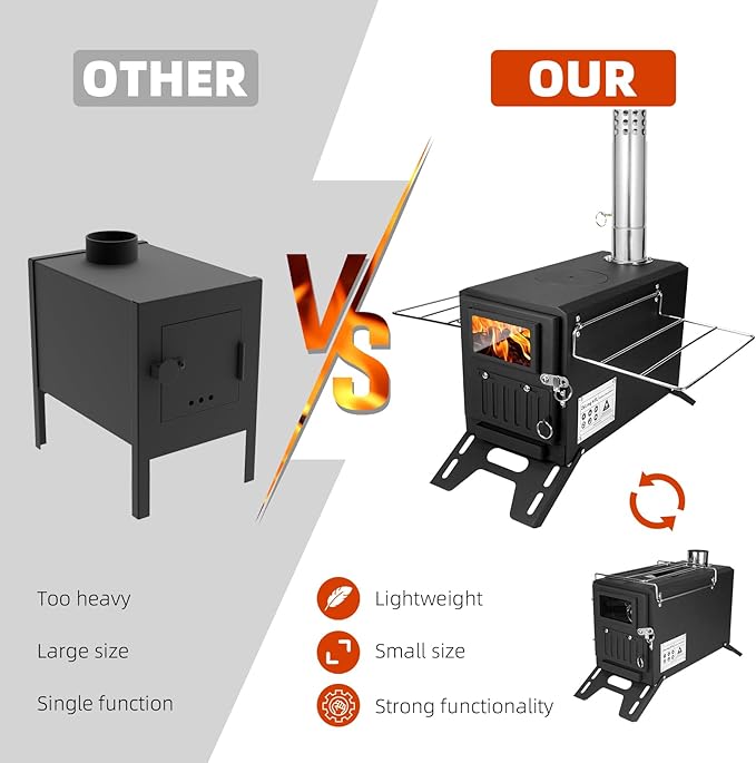 Camping Tent Stove – Portable Wood Burning Stove for Outdoor Camping, Hiking, Ice Fishing, and Hunting – Lightweight & Compact Design, Durable Stainless Steel Construction with Chimney Pipe