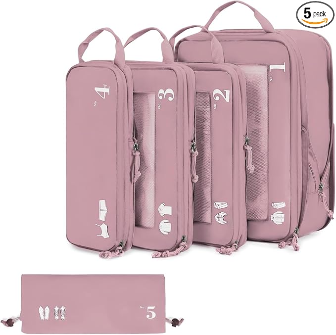 ECOHUB 5 Set Compression Packing Cubes for Suitcases Organiser Bags Set Travel Essentials with Shoe Bag for Traveling Tear-resistant Travel Accessories with ID Tag Expandable Packing Bags(Pink)