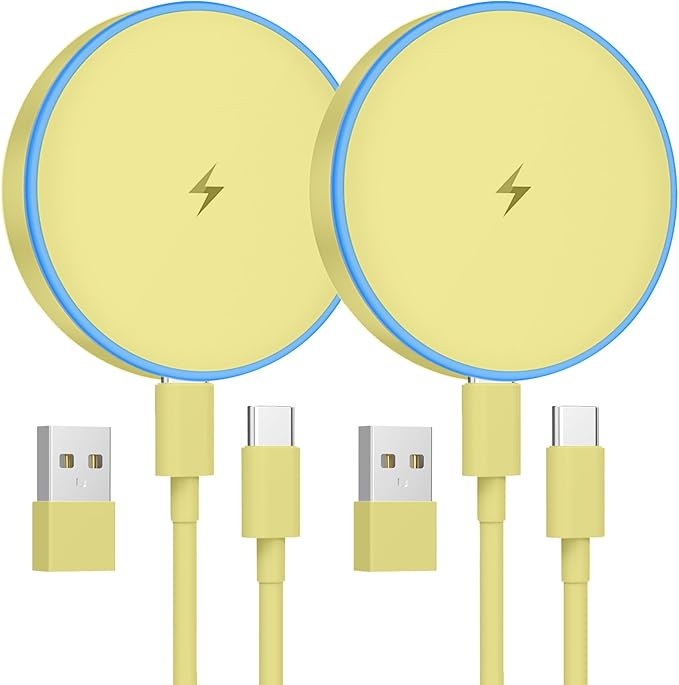 MagSafe Charger 2 Pack 15W Magnetic Wireless Charger Fast Charging Pad Compatible with iPhone 17/16/15/14/13/12 Series & AirPods 3/2/Pro Magnetic MagSafe Charging Pad with Dual Ports-Yellow