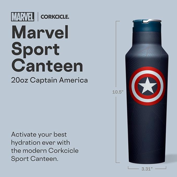 Corkcicle Marvel Sport Canteen - Triple-Insulated Stainless Steel Water Bottle - Straw Cap & Folding Metal Handle - Summer Drinkware Gift - Keeps Drinks Ice Cold - Captain America - 20 oz