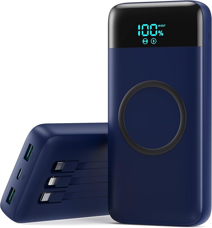 Wireless Portable Charger 40800mAh for iPhone with 3 Built-in Cables,7-in-1 15W Wireless Charging USB C Power Bank,LCD Display 25W PD QC 4.0 Fast Charging Battery Pack for iPhone 16/15/14 -Dark Blue