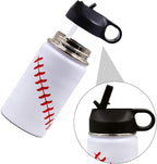 12 oz Baseball Water Bottle, Sports Cup Flask Metal Travel Mug with 2 Lids, Stainless Steel Double Wall Vacuum Leak Proof Insulated Water Bottles, Baseball Accessories Gifts for Boys Girls 8-12 Player