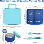 Bento Lunch Box with 8oz Soup Thermo, Kids Leakproof Lunch Food Containers with 4 Compartment, Kids Thermo Insulated Hot Food Jar for School, Trvael（Blue