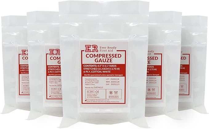 Ever Ready First Aid Compressed Sterile Gauze, 6-Ply Emergency Medical Dressing for First Aid Kits – 4.5” x 4.1 Yards - 5 Pack
