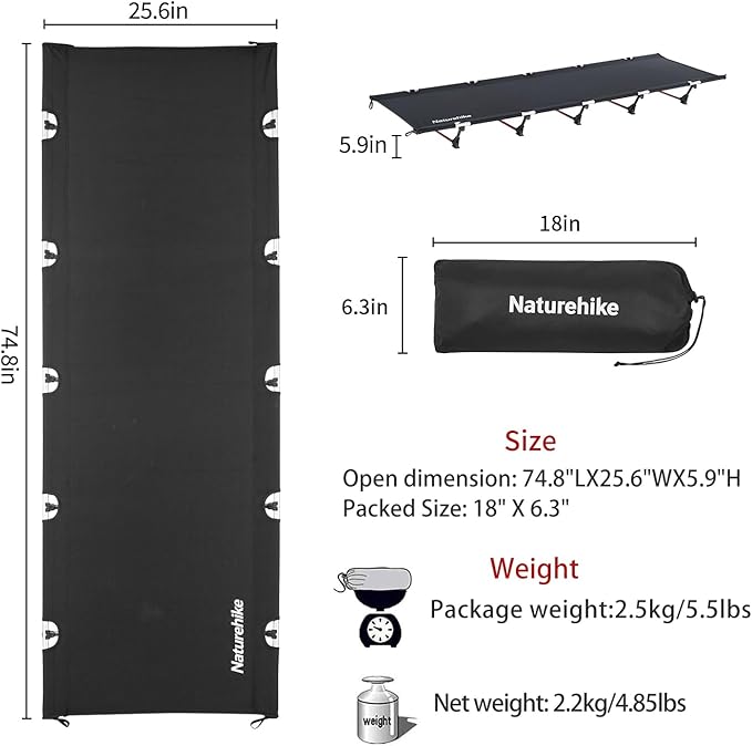 Naturehike GreenWild Camping Cot, Ultralight Folding Backpacking Cot, Supports 330lbs, Portable Camping Bed for Adults for Camping Hiking Travel Home, Black