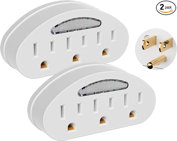 3-Outlet Extender 2 Pack, 3-Prong Grounded Wall Tap Adapter with LED Guide Light, 1875W ETL Listed Multiple Plug Electrical Outlets Splitter for Home, Office, Hotel, Travel, Cruise Essentials, White