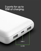 Belkin Portable Charger, USB C Power Bank 20000 mAh w/ 1xUSB-C Port & 2xUSB-A Ports, 15W w/Type-C to Type-A Cable - iPhone 17, Samsung Galaxy S25, Nintendo Switch 2, Google Pixel 10, etc. - White