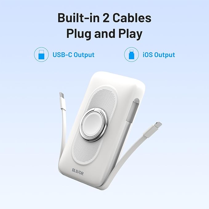 BLAVOR for Magsafe Portable Charger with Built-in Cables, 20W Fast Charging, 10000mAh Magnetic Wireless Power Bank, Battery Pack with Stand for iPhone 16/15/14/13/12, Powerbank for Apple Watch(White)
