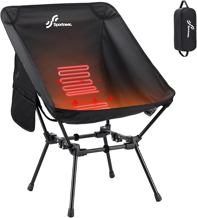 Sportneer Heated Chairs Outdoor Sports: Heated Camping Chair with USB Plug & 3 Heating Levels - Portable & Compact Heated Chair for Backpacking, Camping, Lawn, Picnic, Travel (Power Bank Not Included)
