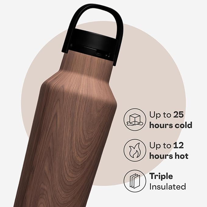 Corkcicle Sport Canteen - Keeps Drinks Cold 25 Hours - Stainless Steel Water Bottle - Triple-Insulated - Spill-Proof - Summer Drinkware Gift - Keeps Drinks Ice Cold - 20 oz - Walnut Wood