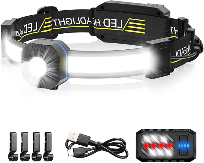 LED Headlamp, 1000lumens 230° Widebeam Headlight, USB Rechargeable HeadLamp with Red Taillight, Lightweight Waterproof Headband Light for Camping Running Hiking, Hard Hat Headlamp
