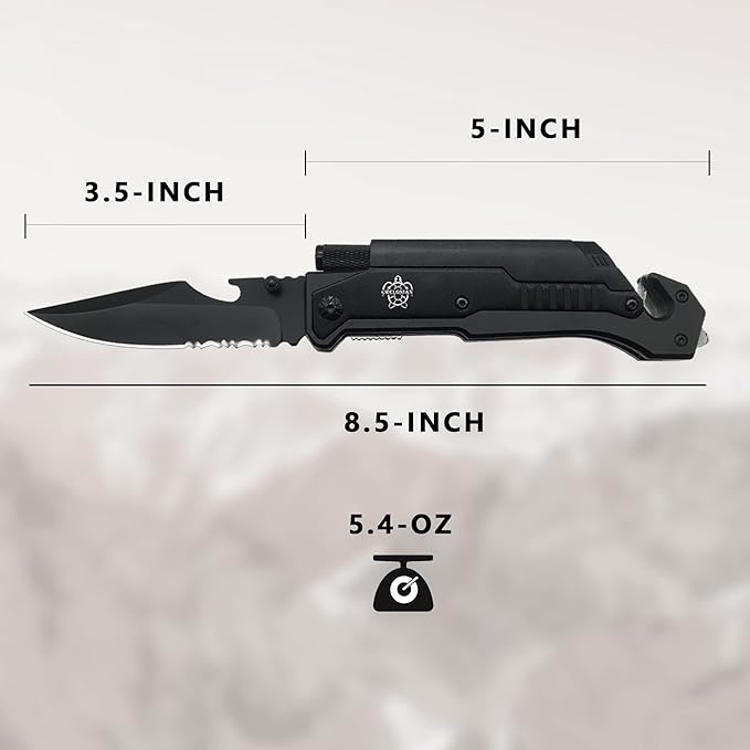 8.5" Military Outdoor Hunting Camping Pocket Knife, 7 in 1 Multi-Function Folding Knives with Fire Starter LED Light Seatbelt Cutter Glass Breaker Bottle Opener Tactical Blade (Black)