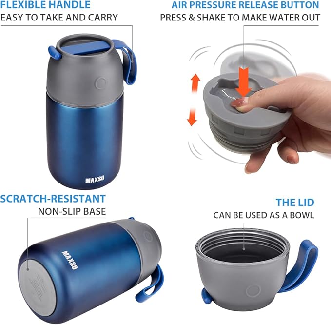 MAXSO Soup Thermo for Hot & Cold Food for Adults Kids, 17 oz Vacuum Insulated Steel Lunch Container Bento Box with Spoon, Leakproof Thermal Food Jar for School Office Travel - Dark Blue