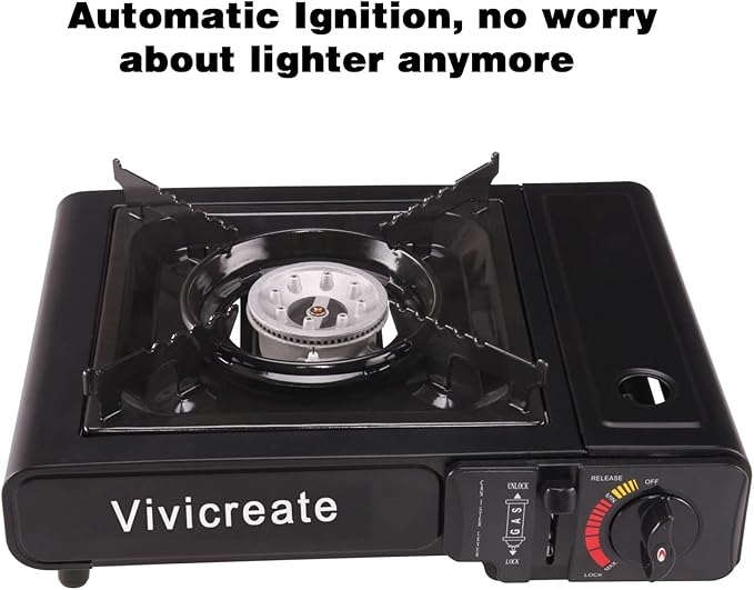 Vivicreate 8500 BTU Portable Butane Gas Stove for Camping Cooking Outdoor, Lightweight Portable Stove Burner with Auto Ignition, Estufa de Gas Portátil para Camping al Aire Libre(Black)