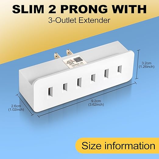 UL Listed 2 Prong 3-Outlet Wall Tap, 2 Prong Triple Outlet Converter Plug Extender, Multi-Plug Outlet Adapter, Polarized White, for living rooms, kitchens, offices and more. (1 Pack)