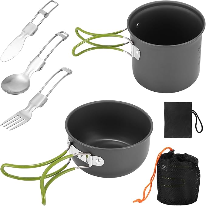 SS SUNSBELL Camping Cooking Set, Non-Stick Camping Pot and Pan Set, Portable Camping Cookware with Foldable Cutlery, 1-2 People Multifunctional Outdoor Cooking Equipment for Hiking, Picnicking