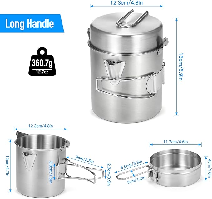 Lixada Camping Cooking Kettle 1L Stainless Steel Pot with Foldable Handle and Dual Use Cover Portable for Hiking Backpacking Picnic