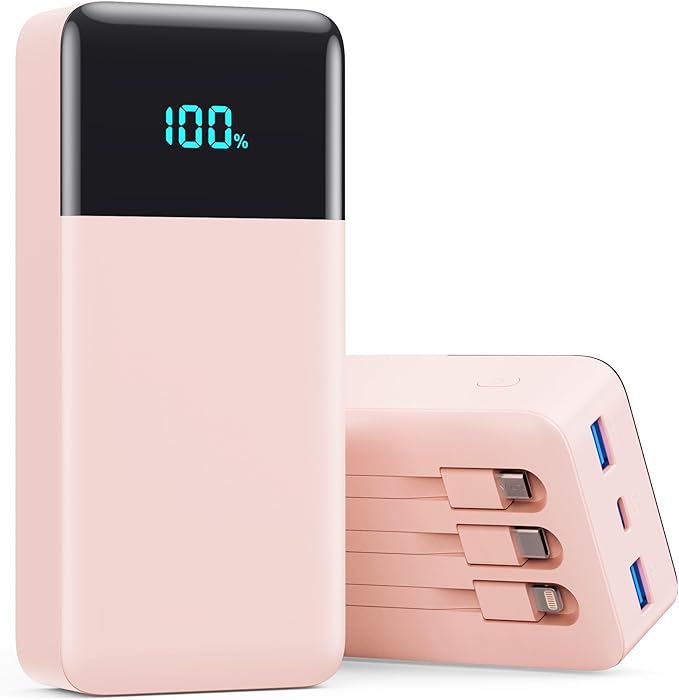 Portable Charger 50800mAh Power Bank with 3 Built in Cable,25W PD QC4.0 Fast Charging USB C Battery Pack,6 Output 2 Input LCD Display Portable Phone Charger for iPhone 16/15/14,Google,Android, Pink