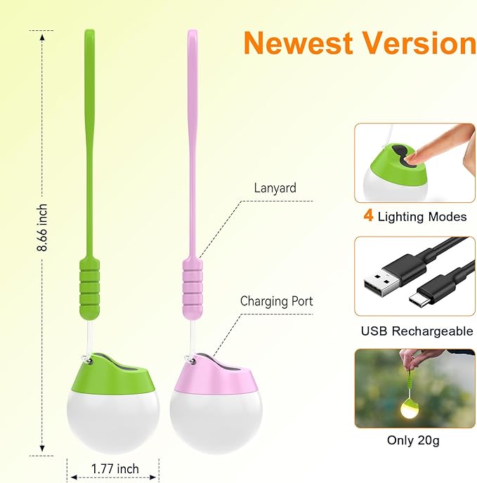 LETMY Rechargeable Camping Lights, 2 Pack Portable tent lights With 4 Lighting Modes, 150LM LED Camping Lantern, Only 20g Hanging Tent Lantern With Silicone Lanyard for Kids Hiking Backpacking Outages