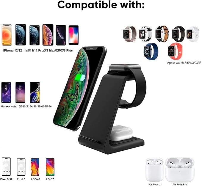 3-in-1 Magnetic Wireless Charger – Fast Charging Dock for iPhone, Apple Watch & AirPods – Foldable Stand with USB-C Cable (Black)