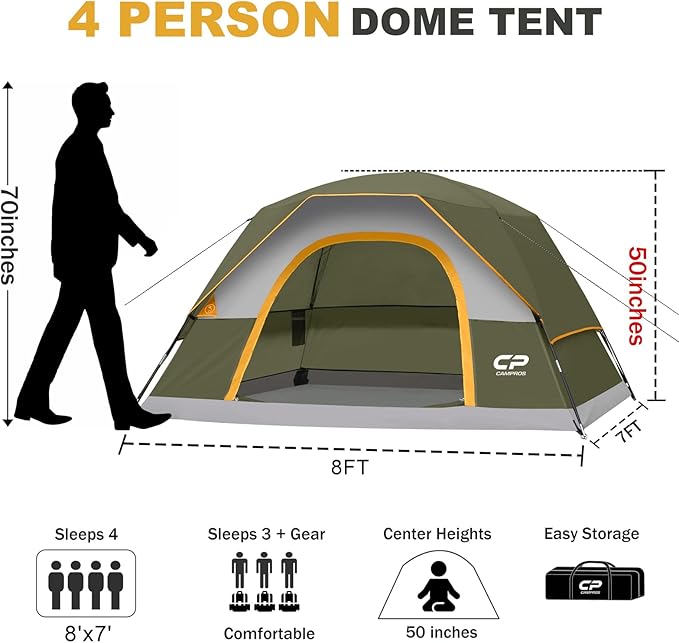 CAMPROS CP Tents for Camping 4 Person Tent Waterproof Windproof Double Layer Camping Tent, Easy Setup Dome Tent with Large Mesh Windows & Wider Door for Outdoor Camping & Hiking