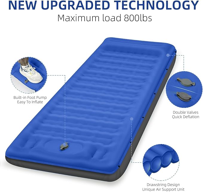 Double Sleeping Pad Camping, Self Inflating 6'' Extra-Thick 2 Person Pillow Built-in Foot Pump Waterproof Inflatable Sleeping Mat Backpacking, Tent, Hiking, Portable Camping Pad