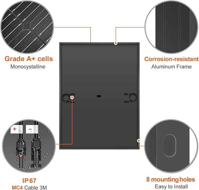 DOKIO 400W Monocrystalline Solar Panel 12/24V, 3 m MC4 Cable for Yard/Garden - Shed/Patio/Greenhouse Power, Off-Grid Battery Charging, 12V Parallel Wiring Recommended, Easy to Route