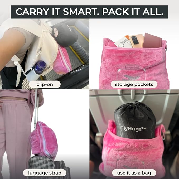 FlyHugz Pink Travel Blanket & Pillow Set (59.1"x47.2") with Carry Case, Luggage Sleeve & Clip – Portable, Lightweight, Breathable & Washable – Perfect for Plane, Car, Camping & Travel