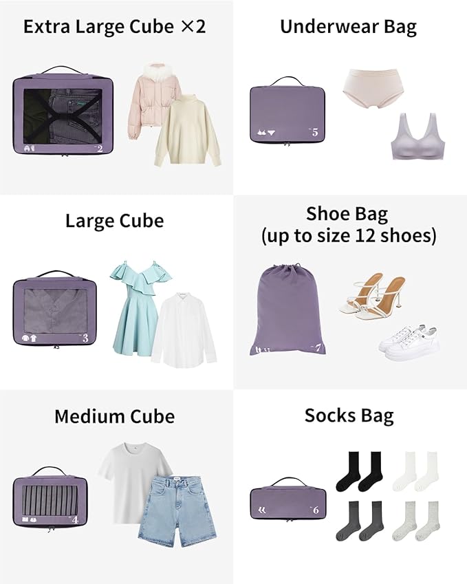 ECOHUB 7 Set Packing Cubes Tear-Resistant Luggage Packing Organizers with Number Icon for Travel Accessories Luggage Suitcase Machine Washable Packing Cubes (Purple)