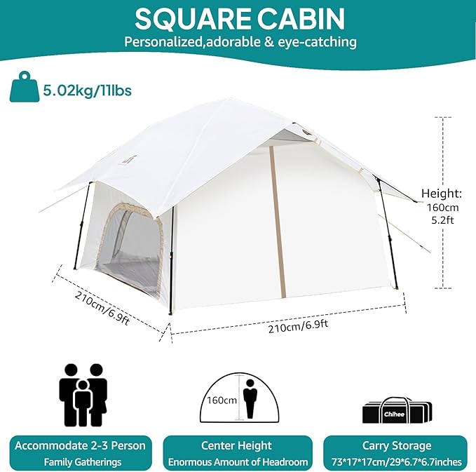 Chihee Camping Tents Pop up Easy Setup 2-Person Instant Tent Outdoor Shelter Stand-up Tent Square Family Cabin with Mesh Windows External Rainfly Carry Bag Portable Spacious Ventilation Beach Travel