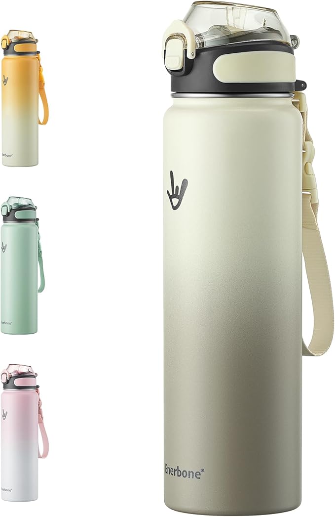 Enerbone 32 oz Insulated Water Bottle, Stainless Steel Bottle with Carrying Strap, Double-Wall Vacuum Insulation Design, Leakproof Sports Bottle with Straw, Keep Drinks Cold or Hot for Hours
