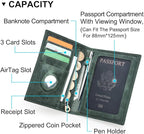 CONTACTS Full Grain Leather Passport Holder RFID Blocking Travel Passport Wallet Compatible with Airtag Passport Cover Case with 4 Card Slots, Coin Pocket (Badge, Green)