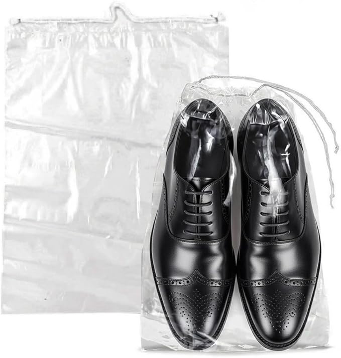 Clear LDPE Drawstring Bags (50 Pack) (13.75" x 17.5") 2 Mil Disposable Transparent Plastic with Double Cotton White Strings. Shoe Bags for Travel Large Storage Organizers Pouch (50)