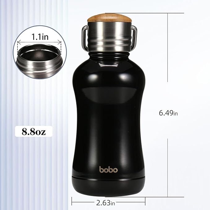 YOHKOH Mini Insulated Water Bottle With Bamboo Lid - 8.8oz Small Vacuum Insulated Water Bottle for Women Kids, 12 Hrs Hot & 24 Hrs Cold Stainless Steel Thermos Leak-Proof BPA-Free (8.8oz,Black)