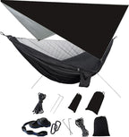 Camping Hammock with Rain Fly Tarp Mosquito Net Heavy Duty Tree Straps Portable Double Parachute Hammocks Tent Waterproof Rainfly Set Black
