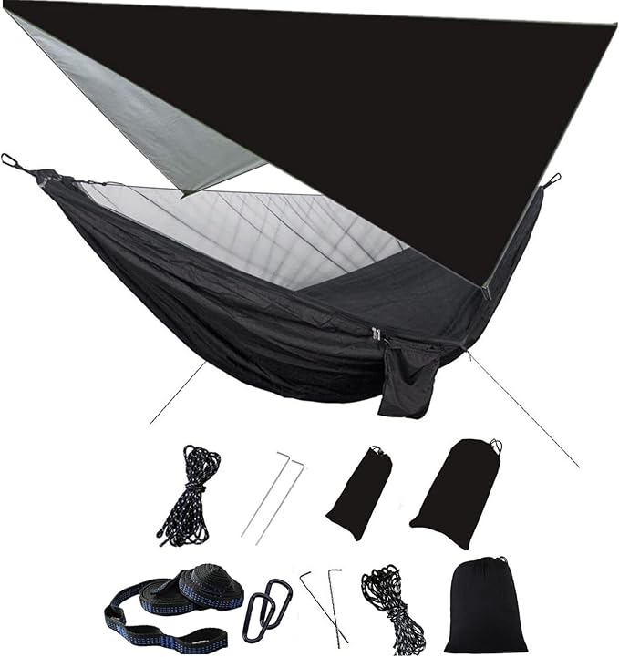 Camping Hammock with Rain Fly Tarp Mosquito Net Heavy Duty Tree Straps Portable Double Parachute Hammocks Tent Waterproof Rainfly Set Black