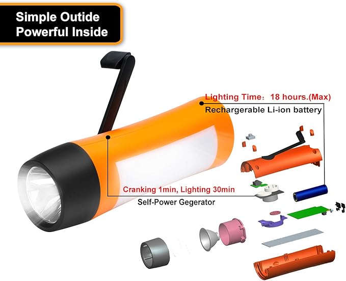 Rechargeable Hand Crank Flashlight/Generator/USB Charger for Phone and Emergency Survival Situations (Orange)