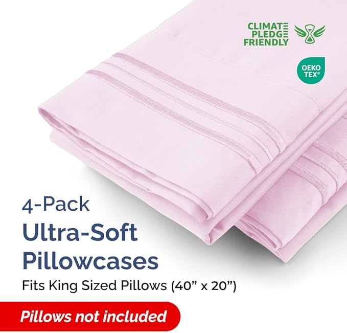 Pillowcases - Ultra Soft Hotel Quality Pillowcase Covers - Comfy, Cozy & Wrinkle Free - Shrinkage and Fade Resistant - Machine Washable Pillow Protectors - (King, Light Pink, 4 Piece Set)