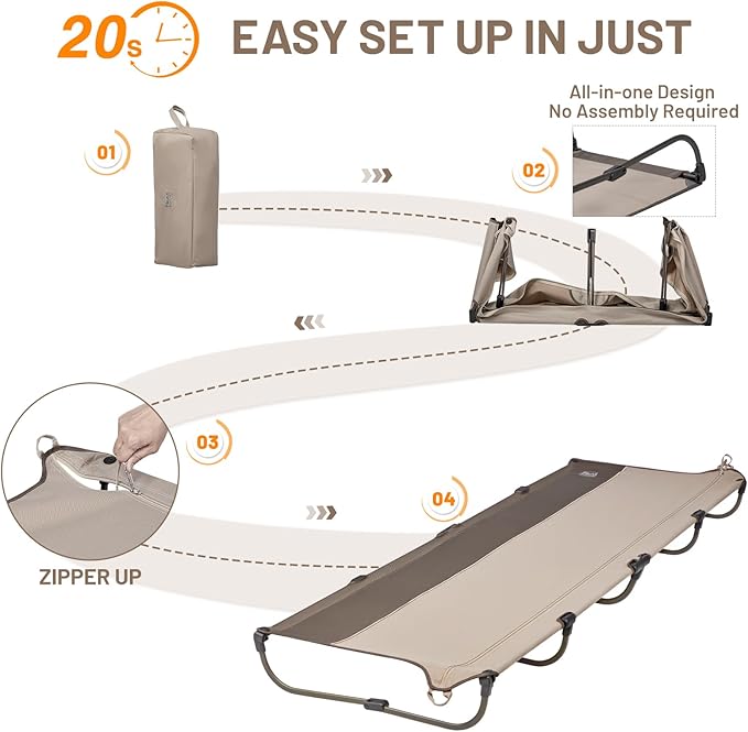 TIMBER RIDGE Lightweight Aluminum Camping Cot, 20-Second Quick Set-Up Folding Cot with Zipper Closure, Portable Carry Bag Included for Camping, Travel and Outdoors, Support up to 225lbs, Tan 2pcs
