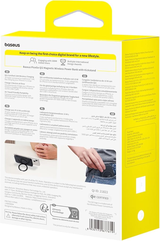 Baseus PicoGo Magnetic Power Bank, Qi2 Certified 15W Ultra-Fast Wireless Portable Charger with Stand, Ultra-Slim 5000mAh Battery Pack for iPhone 17 Pro Max 16/15/14/13/12