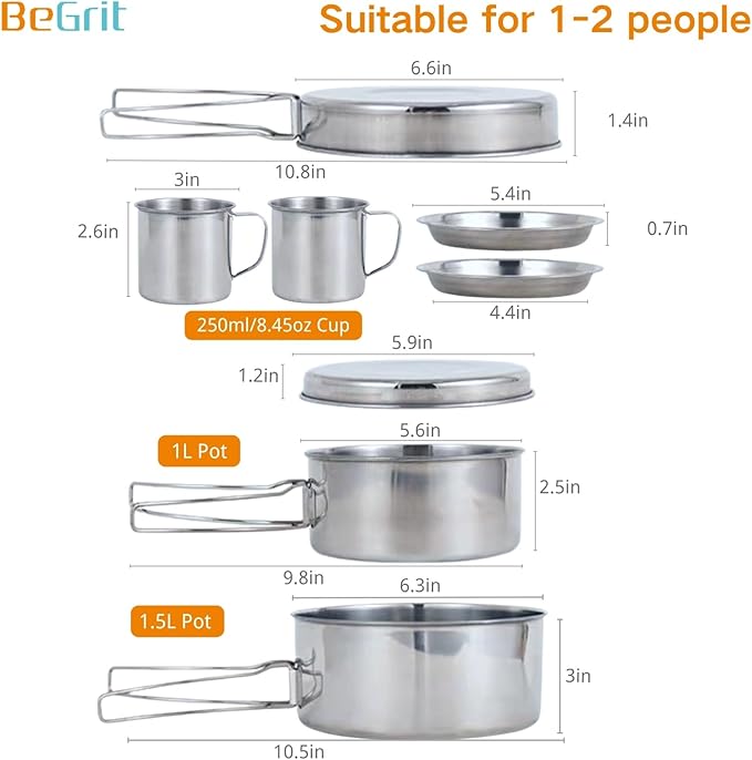 BeGrit Backpacking Camping Cookware Mini Picnic Camping Cooking Mess Kit with Pot and Pan Set for Hiking