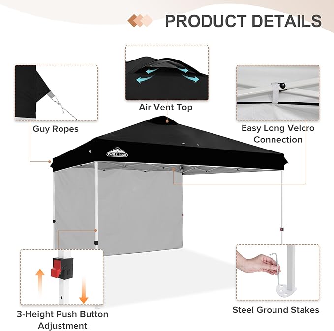 EAGLE PEAK Pop Up Canopy Tent with 1 Sidewall, Easy Setup Event Tent, Outdoor Sun Shade, Wheeled Carry Bag, Stakes and Guy Ropes, Instant Canopy 12x12, Black