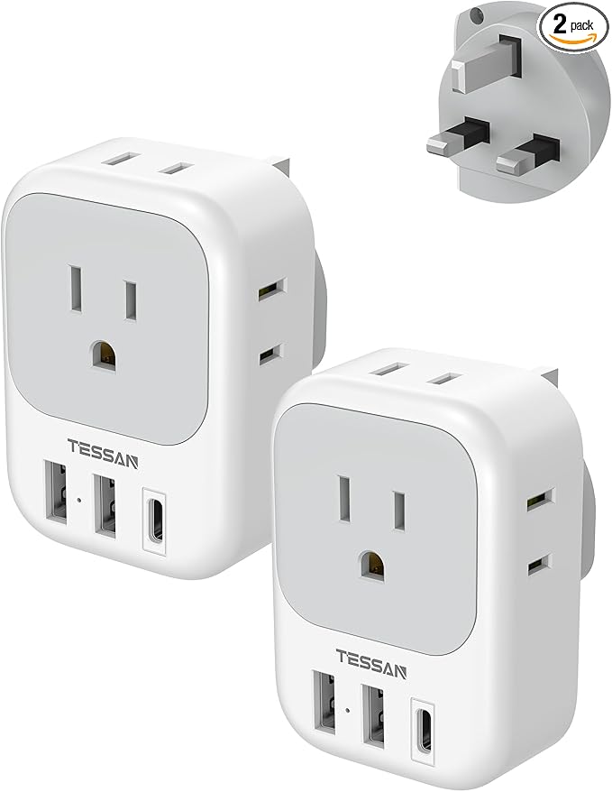 UK Adapters for Travel 2 Pack, TESSAN Type G US to UK Plug Adapter with 4 Outlets 3 USB Charger(1 USB C Port), Power Adaptor for USA to Ireland Scotland Dubai Hong Kong England British Kenya London