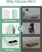 12000mAh Lightweight-Portable-Charger-Power-Bank with Built-in Cables and AC Wall Plug, PD20W USB-C Fast Charging Battery Pack, LED Display External Travel Phone Charger for All iPhone,Samsung,Android