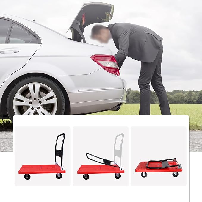 Flatbed Hand Cart Folding Platform Truck Plastic Deck and Metal Handle Hand Cart with Wheels Foldable Push Trolley for Luggage Parcel Tools Moving Heavy Duty Flatbed Cart