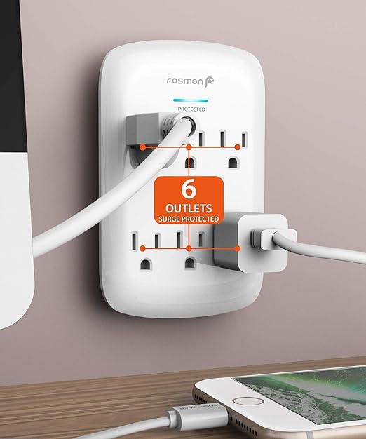 Fosmon 6 Outlet Wall Mount Surge Protector, 3-Prong Surge Suppression 1200 Joules, 15A 125VAC 60Hz 1875Watts Wall Outlet Adapter, Grounded LED, ETL Listed - White