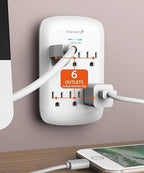 Fosmon 6 Outlet Wall Mount Surge Protector, 3-Prong Surge Suppression 1200 Joules, 15A 125VAC 60Hz 1875Watts Wall Outlet Adapter, Grounded LED, ETL Listed - White