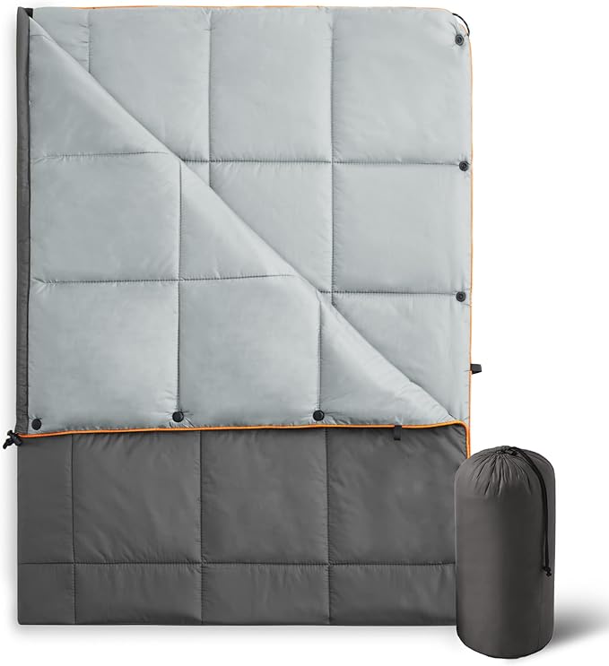 UNIKOME Outdoor Packable Camping Blanket, Lightweight Travel Blanket for Hiking, Camping, Dual-Sides Waterproof Puffy Down Alternative Camping Blanket with Snap Clasps, 75"×52", Grey&Light Grey